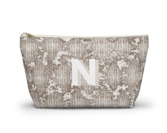 Taupe Personalized Shadow Initial Zippered Toiletry Pouch, Cosmetics/Make-Up Organizer/Bag, Stone/Beige Animal/Snakeskin Print Monogrammed