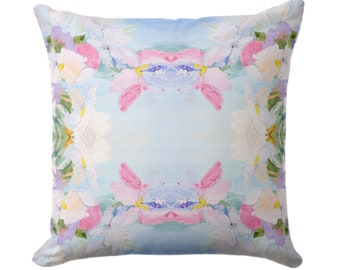 Abstract Iris Throw Pillow Cover, Modern Floral Print, Sky Blue Pink Green