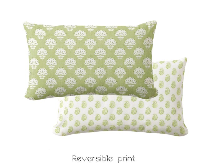 Petite Floral Lumbar Throw Pillow Cover, Sweet Pea 12 x 20" Pillows/Covers, Light Olive Green Block Print/Blockprint/Vintage/Farmhouse