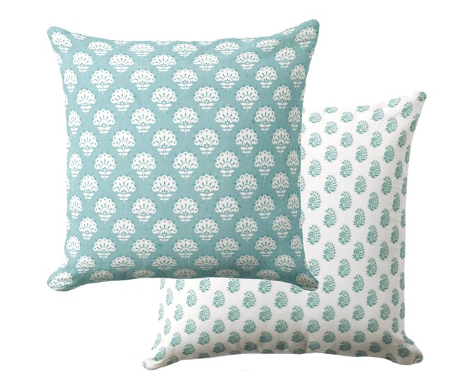 Petite Floral Throw Pillow Cover, Pale Teal 16, 18, 20, 22, 26" Sq Covers, Blue/Green Aqua Block Print/Blockprint/Farmhouse/Vintage Print