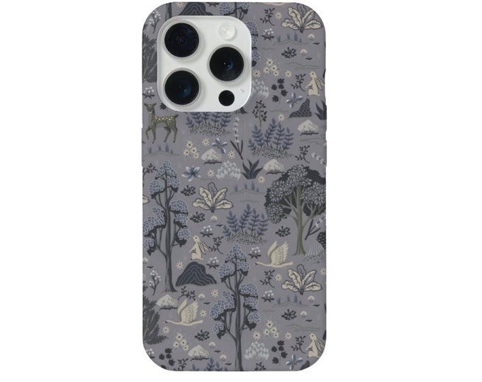 Woodland Toile iPhone 15, 14, 13, 12 Pro/Max/P/Plus MAGSAFE Snap Case or Tough Protective Cover, Gray/Blue/Taupe Plant/Animal Print/Pattern