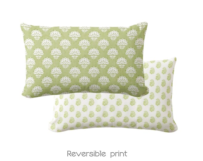OUTDOOR Petite Floral Throw Pillow/Cover, Sweet Pea 14 x 20" Lumbar Pillows/Covers, Olive Green Block Print/Blockprint/Farmhouse/Vintage