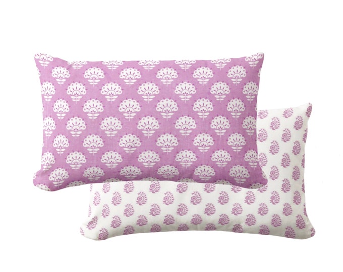 OUTDOOR Petite Floral Throw Pillow/Cover, Pale Orchid 14 x 20" Lumbar Pillows/Covers, Purple/Pink Block Print/Blockprint/Farmhouse/Vintage