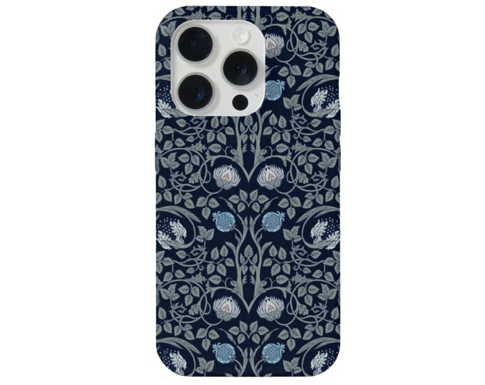 Art Nouveau Floral iPhone 15, 14, 13, 12 Pro/Max/P/Plus MAGSAFE, Snap or Tough Case/Protective Cover, Blue Nature/Plant/Fern Print/Pattern