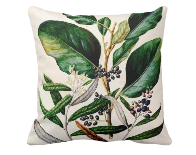 Vintage Botanical w/ Berries Throw Pillow or Cover, 16, 18, 20, 22, 26" Sq Pillows/Covers, Tropical Green Leaves/Floral Print/Pattern