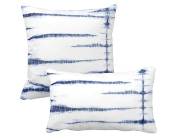 OUTDOOR Subtle Stripe Square and Lumbar Throw Pillow or Cover, Indigo/White, Shibori/Lines/Striped Print, Navy Blue Pillows/Covers