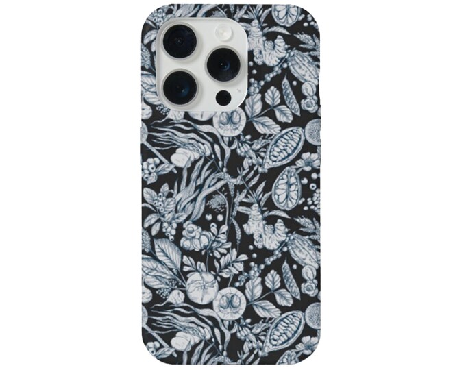 Blue Botanical iPhone 15, 14, 13, 12, 11 Pro/Max/P/Plus MAGSAFE Snap Case or Tough Protective Cover, Blue/Black/White Plant Print/Pattern