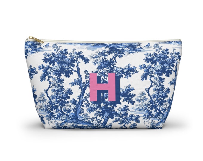 Toile de Jouy Personalized Shadow Initial Zippered Pouch, White, Bright Blue & Pink, Cosmetics/Make-Up Organizer/Bag, Nature Scene, Monogram