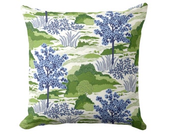 Toile Landscape Throw Pillow/Cover Square and Lumbar Pillows, Covers, Floral Bright Blue & Green Naturalist Modern Nature Print