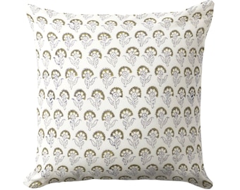 Block Print Floral Throw Pillow Cover - Olive, Navy, and White