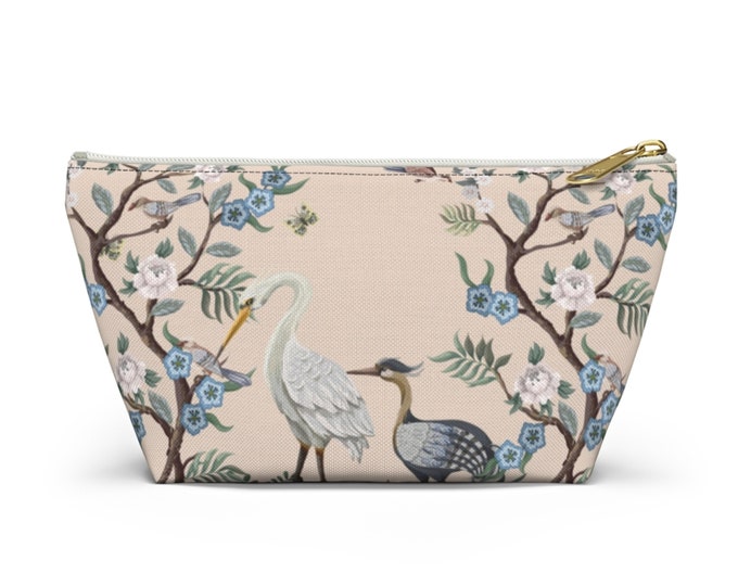 Crane Floral Print Zippered Pouch, Toile/Animal Printed Design, Cosmetics/Pencil/Make-Up Organizer/Bag Blush Pink Bird/Nature Pattern/Design