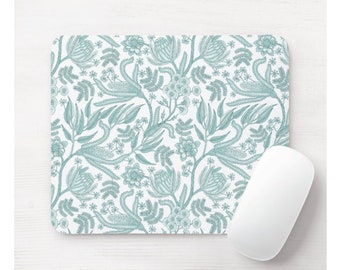 Vintage Aqua Botanische Maus Pad, Rundes oder Rechteckiges Mousepad, Bauernhaus/Blumen/Block/Blockprint, Dusty Blau/Grün/Weiß Druck/Muster