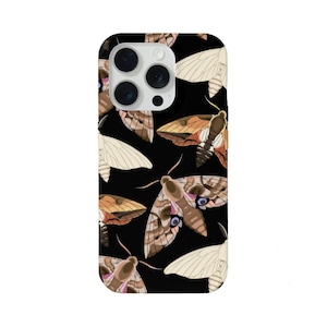 Moth Print iPhone 15, 14, 13, 12, 11, XS, XR Pro/P/Plus/Max MAGSAFE, Snap Case or Tough Protective Cover, Black Insect/Butterfly/Bugs Galaxy