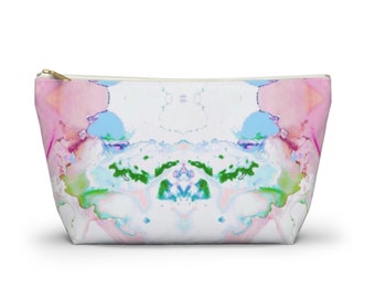 Mirrored Watercolor Zippered Pouch, Pink/Blue/Green Modern/Abstract Design, Cosmetics/Pencil/Make-Up Organizer/Bag, Bright/Colorful Pattern