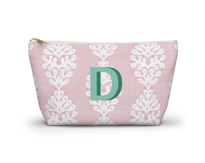 Ada Personalized Shadow Initial Zippered Pouch, Pink & White Cosmetics/Toiletry/Make-Up Organizer/Bag, Floral/Block Print Monogrammed