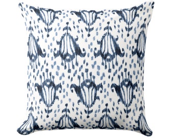 Navy Tulips Ikat Pillow Cover, Blue Floral Print