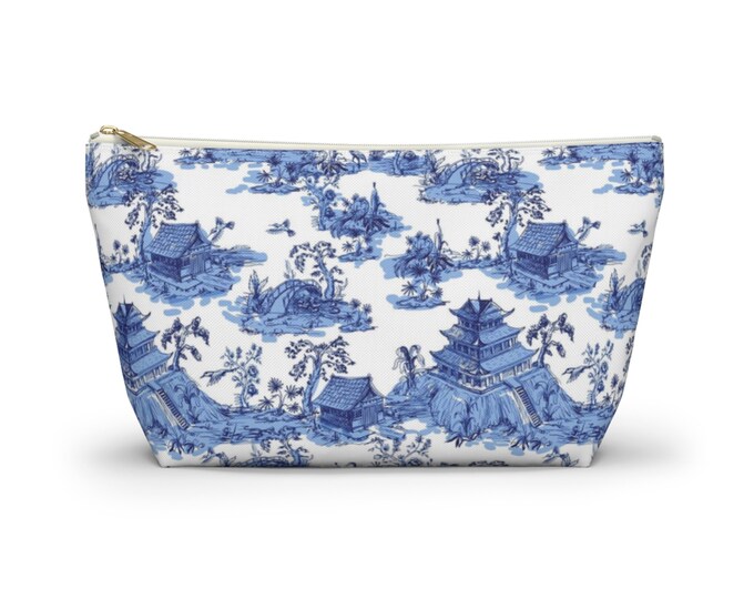 Chinoiserie Toile Print Zippered Pouch, White & Transfer Blue, Cosmetics/Pencil/Make-Up Organizer/Bag, Willow/China/Pagoda Pattern/Design