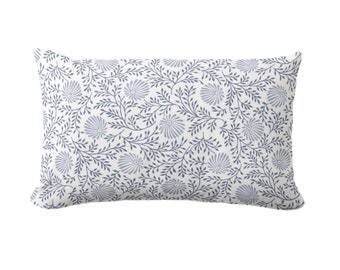 Block Print Chrysanthemum Throw Pillow or Cover, Blue/White 12 x 20" Lumbar Pillows or Covers, Floral/Batik/Boho/Flower/Blockprint Pattern