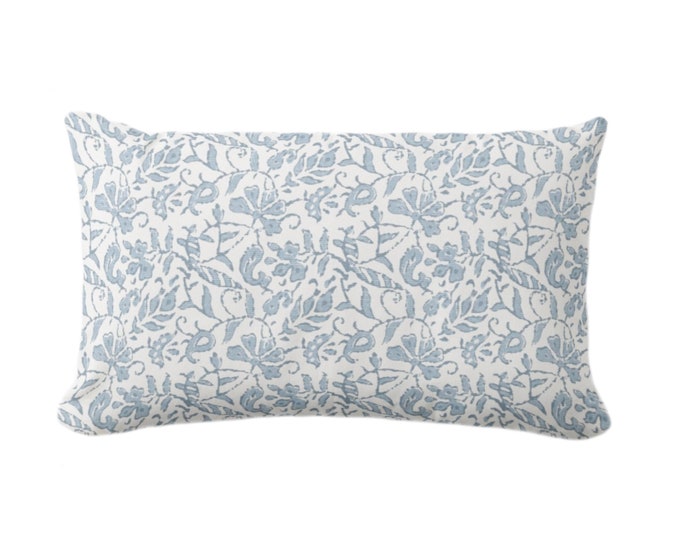 Mina Floral Throw Pillow Cover, Grayed Blue/Off-White 12 x 20" Lumbar Pillows/Covers, Block Print/Blockprint/Hmong/Vintage/Farmhouse Pattern