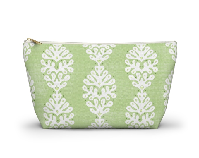 Ada Print Zippered Pouch, Spring Green & White Cosmetics/Pencil/Make-Up Organizer/Bag, Light Floral/Flower/Blockprint/Block Pattern