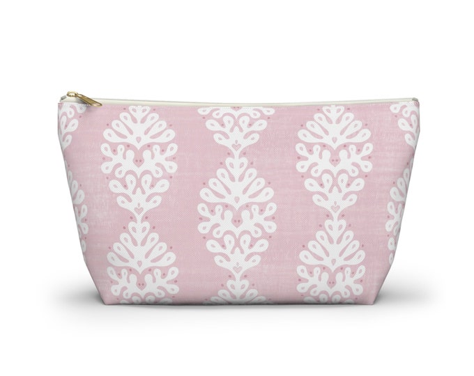 Ada Print Zippered Pouch, Grande Pink & White Cosmetics/Pencil/Make-Up Organizer/Bag, Light Floral/Flower/Blockprint/Block Pattern