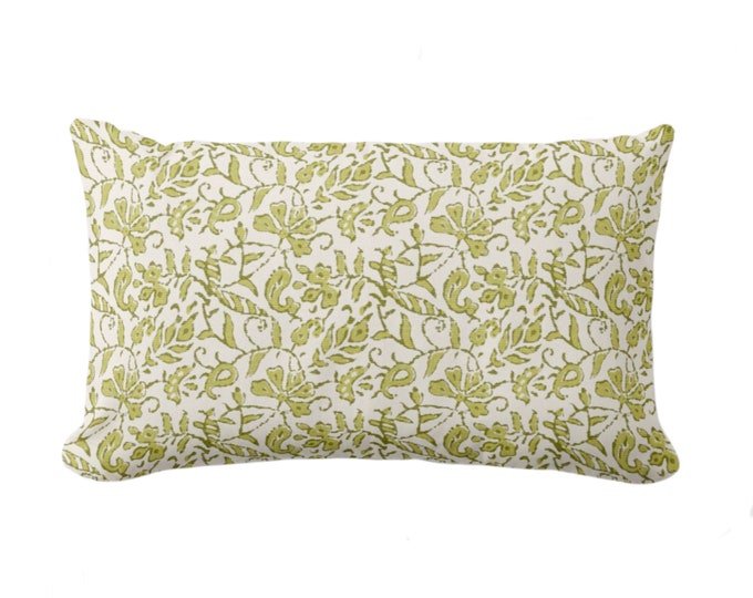 OUTDOOR Mina Floral Throw Pillow or Cover, Light Olive Green 14 x 20" Lumbar Pillows/Covers Block Print/Blockprint/Hmong/Farmhouse/Vintage