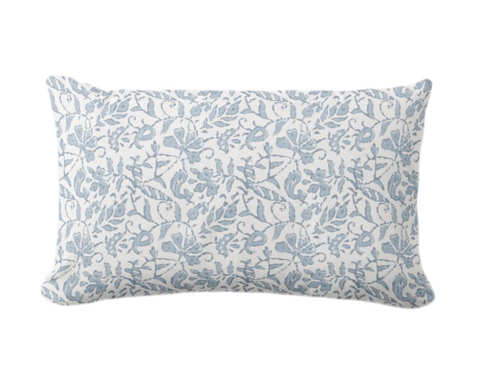 OUTDOOR Mina Floral Throw Pillow or Cover, Grayed Blue/Off-White 14 x 20" Lumbar Pillows/Covers Block Print/Blockprint/Farmhouse/Vintage