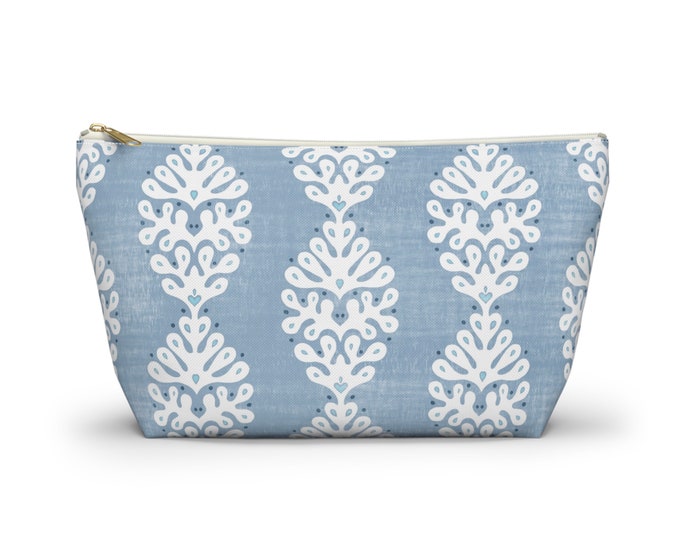 Ada Print Zippered Pouch, Harbor Blue & White Cosmetics/Pencil/Make-Up Organizer/Bag, Floral/Flower/Blockprint/Block Pattern