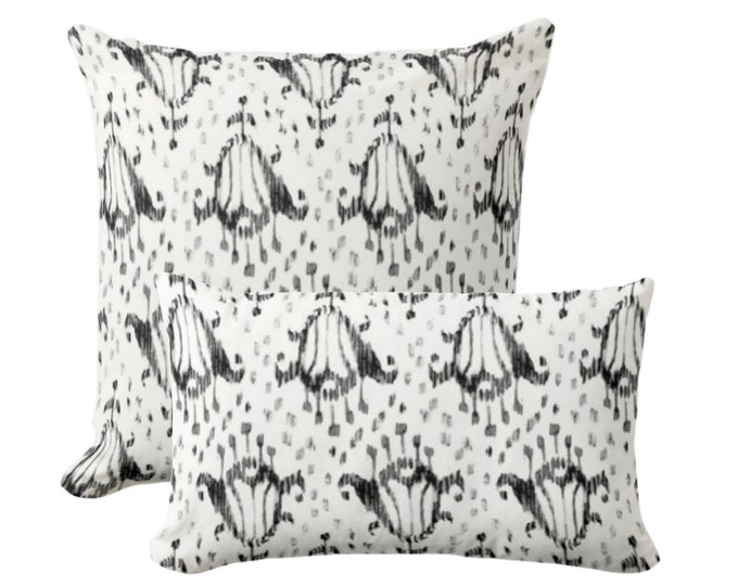 Tulips Throw Pillow, Black Square, Lumbar Pillows or Covers, Charcoal/White Ikat/Block Print/Blockprint/Floral/Animal Spots Print/Pattern