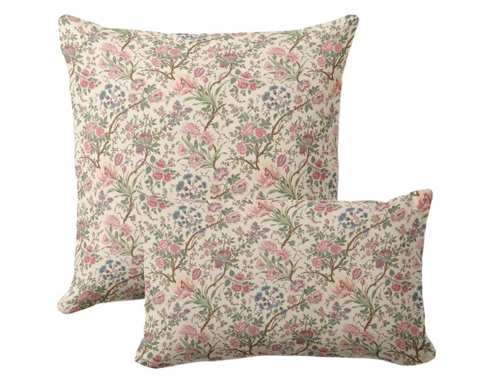 Millie Vintage Floral Throw Pillow/Cover 12x20, 16, 18, 20, 22, 26" Sq/Lumbar Pillows/Covers, Beige/Pink/Green Farmhouse/Botanical Print