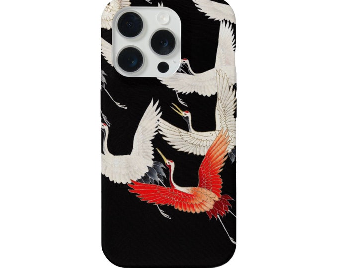 Cranes iPhone 15, 14, 13, 12, 11 Pro/Max/P/Plus MAGSAFE, Snap Case or Tough Protective Cover, Black/White/Red Japanese Birds/Nature Pattern