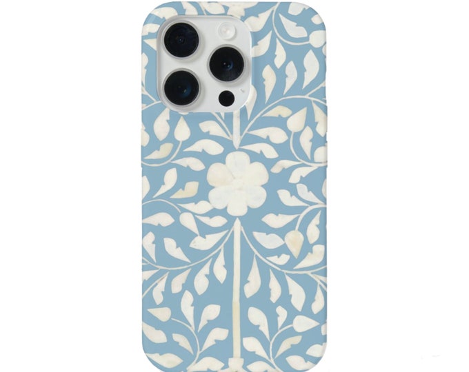 Bone Inlay Design iPhone 15, 14, 13, 12, 11, XS P/Pro/Plus/Max MAGSAFE, Snap Case or Tough Protective Cover, FAUX Coastal Blue/Ivory Floral