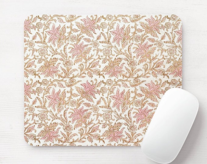 Claire Floral Mouse Pad, Round or Rectangle Retro Cream/Pink Mousepad, Farmhouse/Flower/Block Print/Blockprint Off-White/Beige Print/Pattern