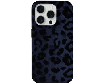 Navy Leopard iPhone 15, 14, 13, 12, 11, X Pro/Max/MINI/P/Plus MAGSAFE, Snap Case or Tough Protective Cover Blue/Black Animal Print/Pattern