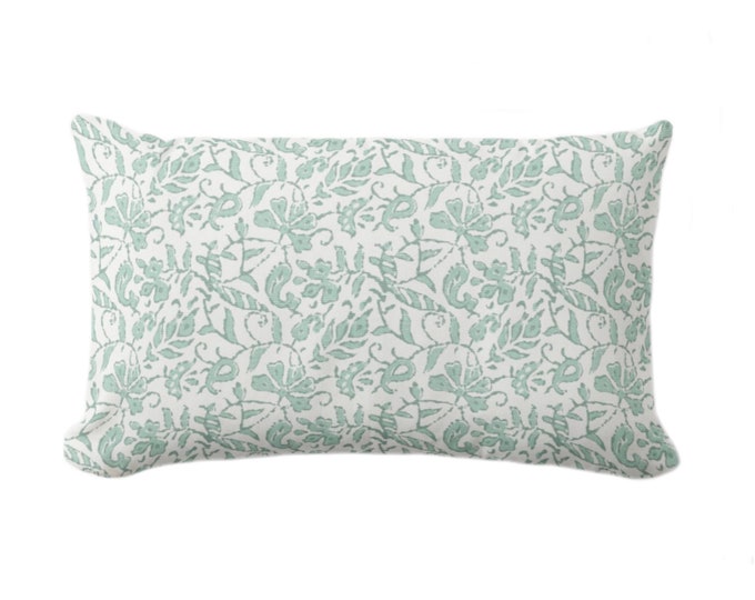 OUTDOOR Mina Floral Throw Pillow/Cover, Eucalyptus/Off-White 14 x 20" Lumbar Pillows/Covers, Green Block Print/Blockprint/Farmhouse/Vintage