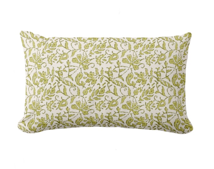 Mina Floral Lumbar Throw Pillow Cover, Light Olive Green 12 x 20" Pillows/Covers, Block Print/Blockprint/Hmong/Vintage/Farmhouse Pattern