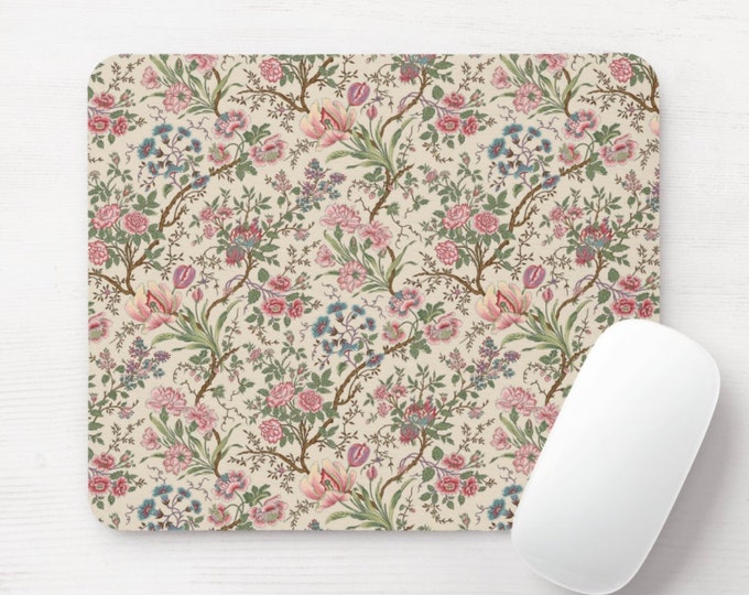 Vintage Floral Mouse Pad, Round or Rectangle Retro Flowers Mousepad, Farmhouse Art Print/Retro/Off-White/Pink/Small Scale Print/Pattern