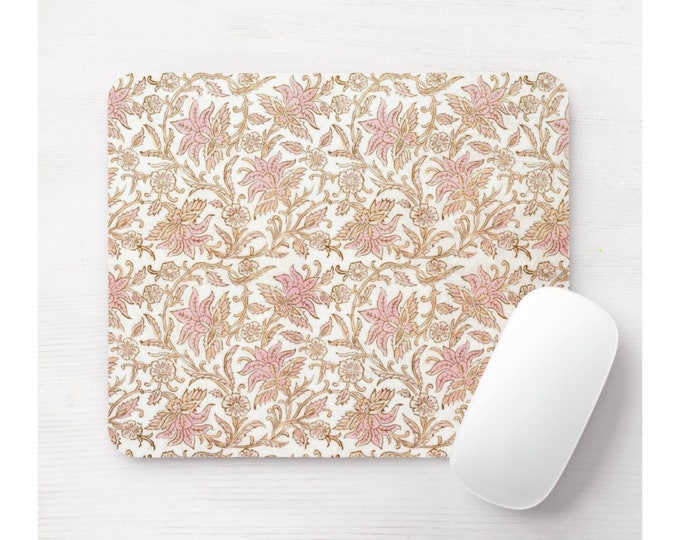 Claire Floral Mouse Pad, Round or Rectangle Retro Cream/Pink Mousepad, Farmhouse/Flower/Block Print/Blockprint Off-White/Beige Print/Pattern