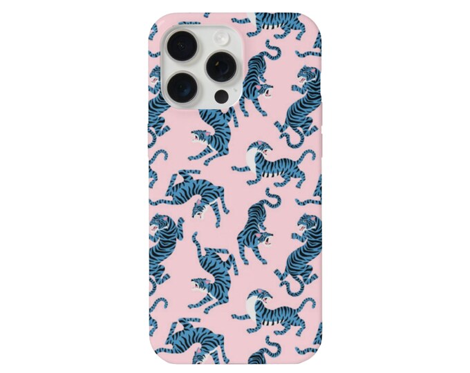 Le Tigre iPhone 15, 14, 13, 12, 11 Pro/Max/P/Plus MAGSAFE, Snap Case or Tough Protective Cover, Pink & Blue Animal/Cat/Leopard Print/Pattern