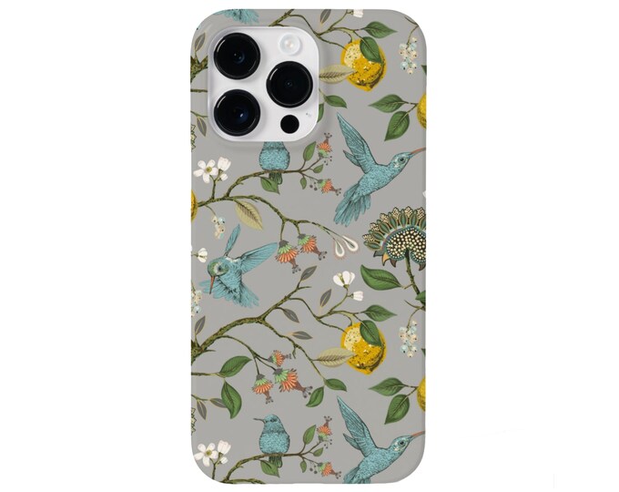 Hummingbird Botanical iPhone 15, 14, 13, 12, 11 Pro/Max/P/Plus MAGSAFE, Snap Case, Tough Protective Cover, Turquoise/Gray Lemon/Floral Print