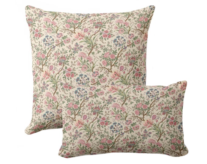 OUTDOOR Millie Vintage Floral Throw Pillow/Cover 14x20, 16, 18, 20, 26" Sq/Lumbar Pillow/Covers, Beige/Pink/Green Farmhouse/Botanical Print