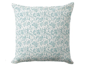 OUTDOOR Mina Floral Throw Pillow Cover, Vintage Aqua Block Print