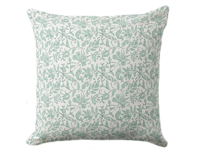 OUTDOOR Mina Floral Throw Pillow Cover, Eucalyptus/Off-White 16, 18, 20, 26" Sq Covers Block Print/Blockprint/Hmong/Farmhouse/Vintage Design