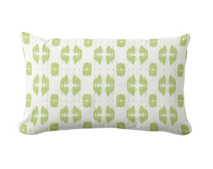 Indies Print Throw Pillow or Cover, 12 x 20" Lumbar Pillows or Covers, Bright Green/White Pattern, Lime Ikat/Geometric/Dot/Diamond Pattern
