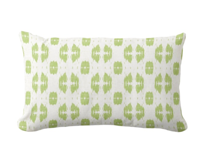 OUTDOOR Indies Print Throw Pillow or Cover, Bright Green/White 14 x 20" Lumbar Pillows/Covers, Lime Ikat/Geometric/Dots/Diamond Pattern