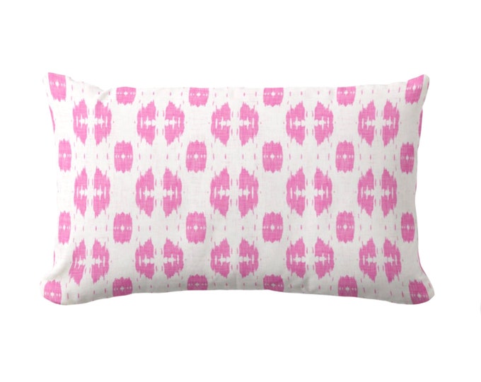 Indies Print Throw Pillow or Cover, 12 x 20" Lumbar Pillows or Covers, Bright Pink/White Pattern, Fuchsia Ikat/Geometric/Dot/Diamond Pattern