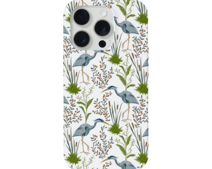 Blue Heron iPhone 15, 14, 13, 12, 11, XS Mini/Pro/Max/P/Plus MAGSAFE, Snap Case or Tough Protective Cover, Toile/Birds/Bird Nature Pattern