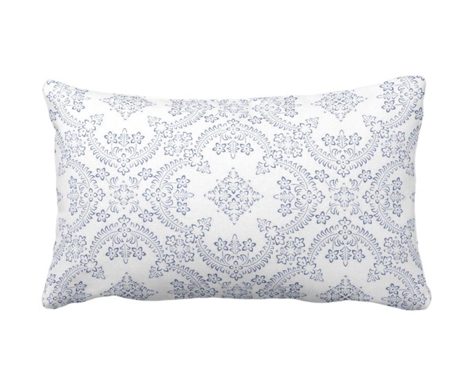OUTDOOR Priano Tile Print Throw Pillow or Cover, Navy/White 14 x 20" Lumbar Pillows/Covers, Dark Blue Floral/Trellis/Geo/Block Pattern