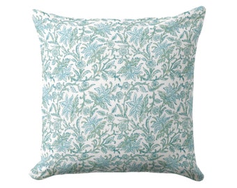 Claire Floral Pillow Cover, Blue Green Block Print, Farmhouse Style