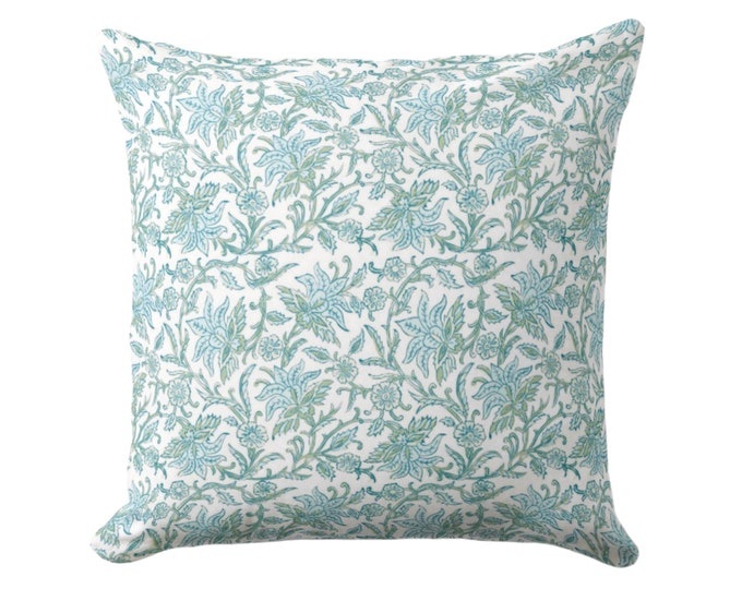 OUTDOOR Claire Floral Throw Pillow Cover, Blue/Green 16, 18, 20, 26" Sq Pillows/Covers, Aqua Multi Block Print/Blockprint/Farmhouse/Vintage